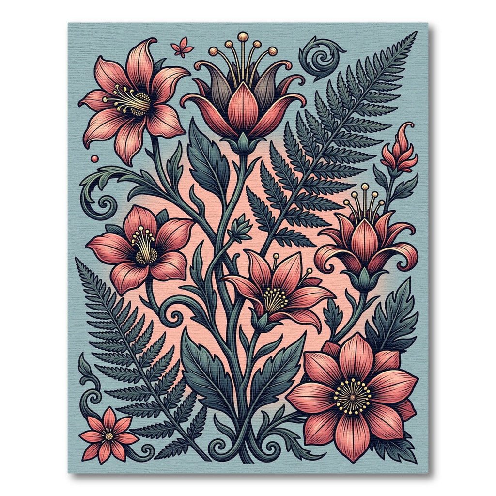 Botanical Pink Lily and Fern Art Rug