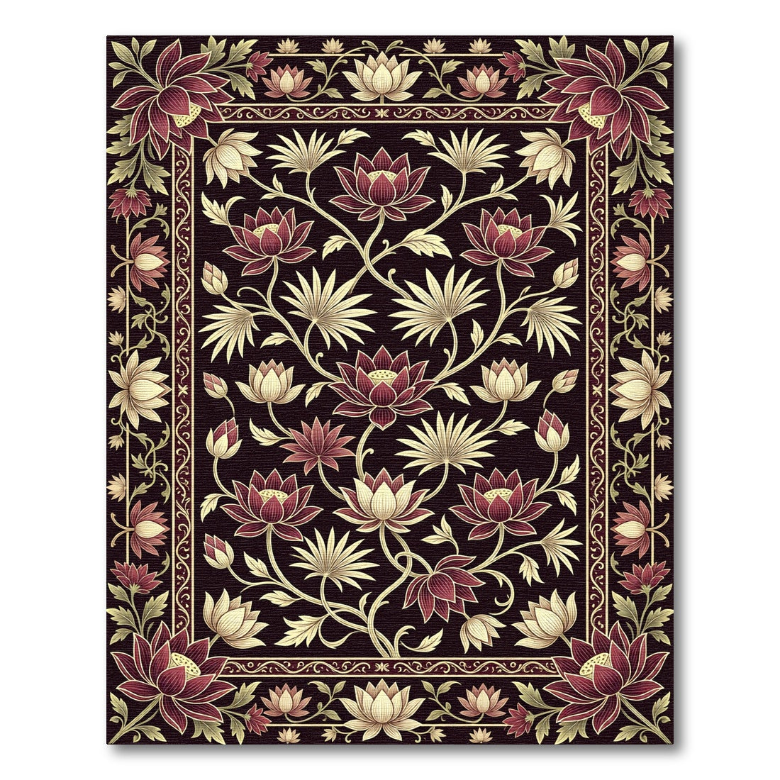 Dark Crimson Lotus Garden Medallion Rug