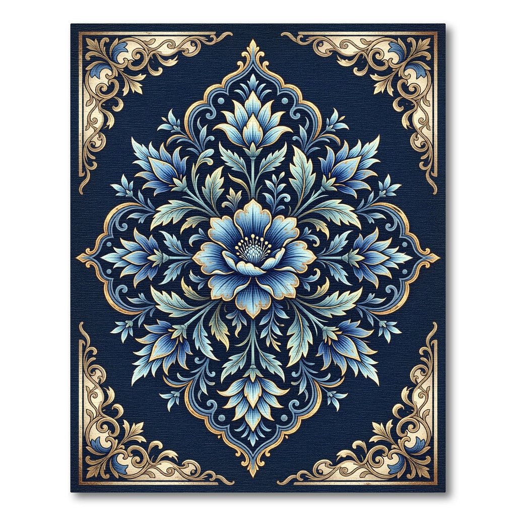 Ornate Blue Golden Bloom Symmetry Rug
