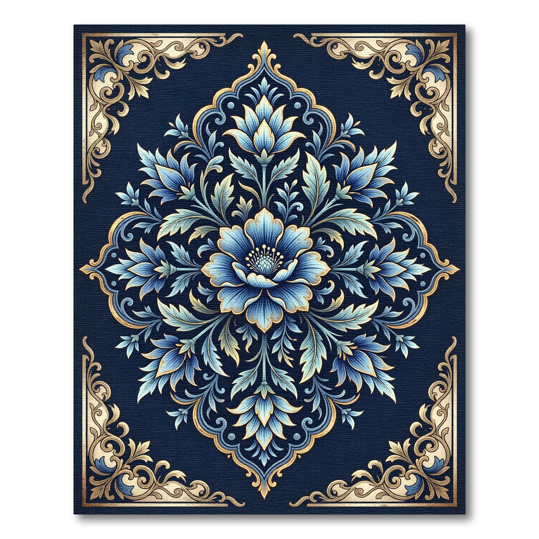 Ornate Blue Golden Bloom Symmetry Rug
