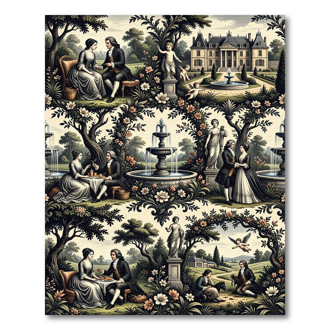 Courtly Garden Romance Allegory Scene Rug