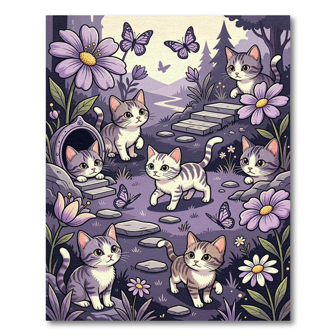 Whimsical Purple Kitten Butterfly Garden Rug