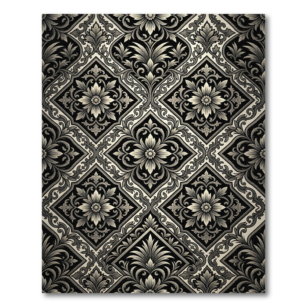 Antique Black and Cream Damask Rug