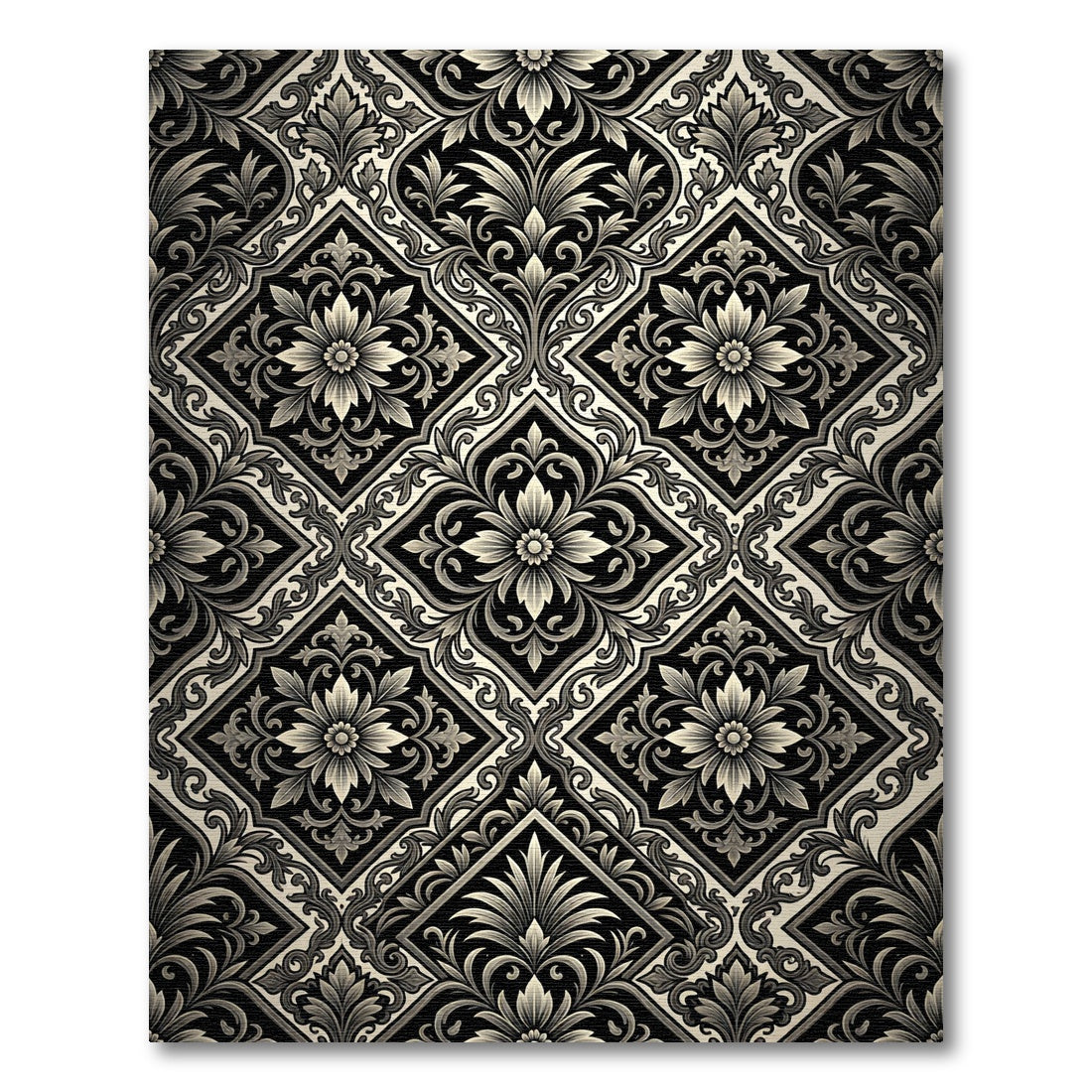 Antique Black and Cream Damask Rug