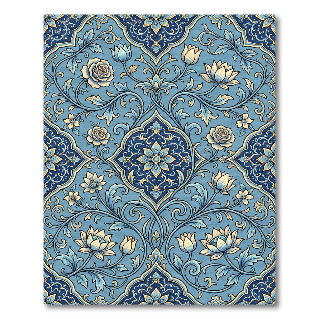 Intricate Blue Floral Damask Medallion Rug