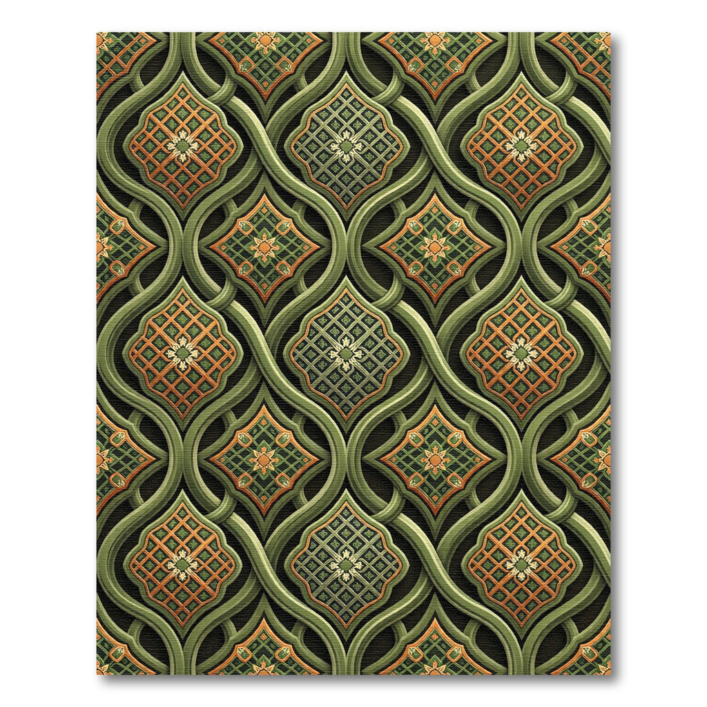 Elegant Forest Green Ornate Lattice Rug