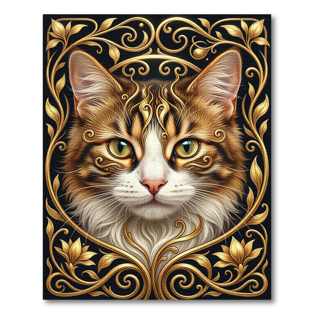 Ornate Gold Feline Elegant Frame Rug