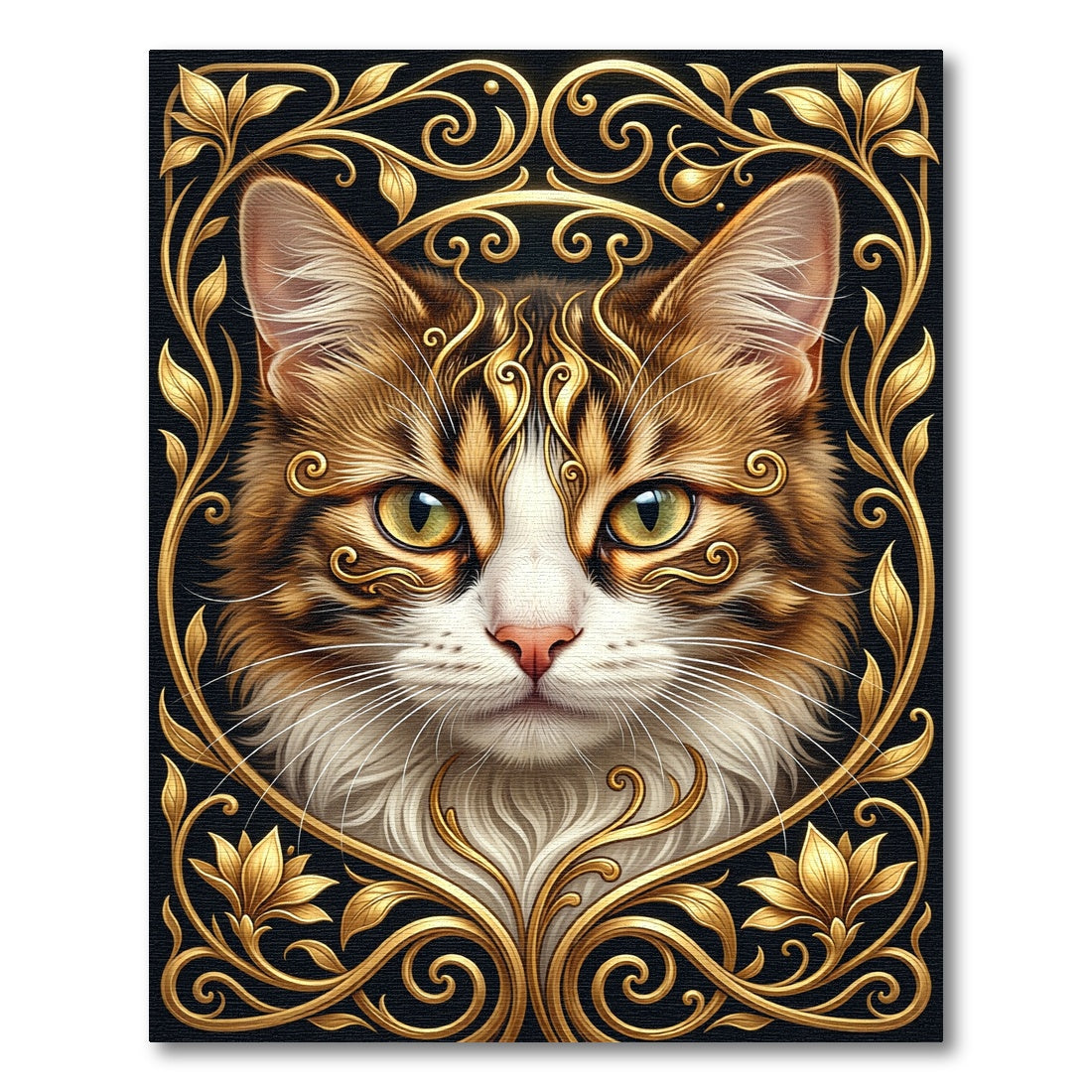 Ornate Gold Feline Elegant Frame Rug