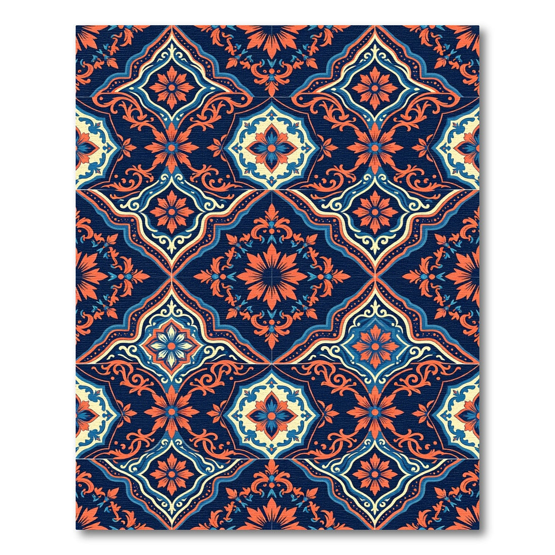 Ornate Navy Orange Damask Tile Rug