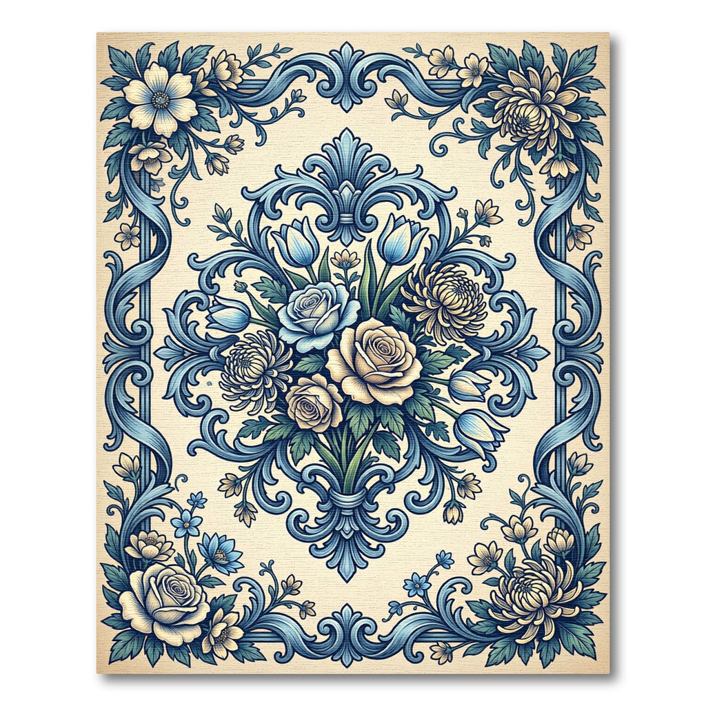 Cream Blue Floral Damask Scroll Rug