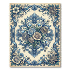 Cream Blue Floral Damask Scroll Rug