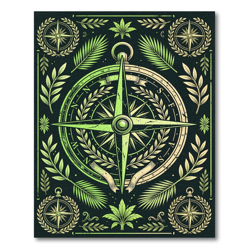 Green Botanical Compass Nautical Illustration Rug