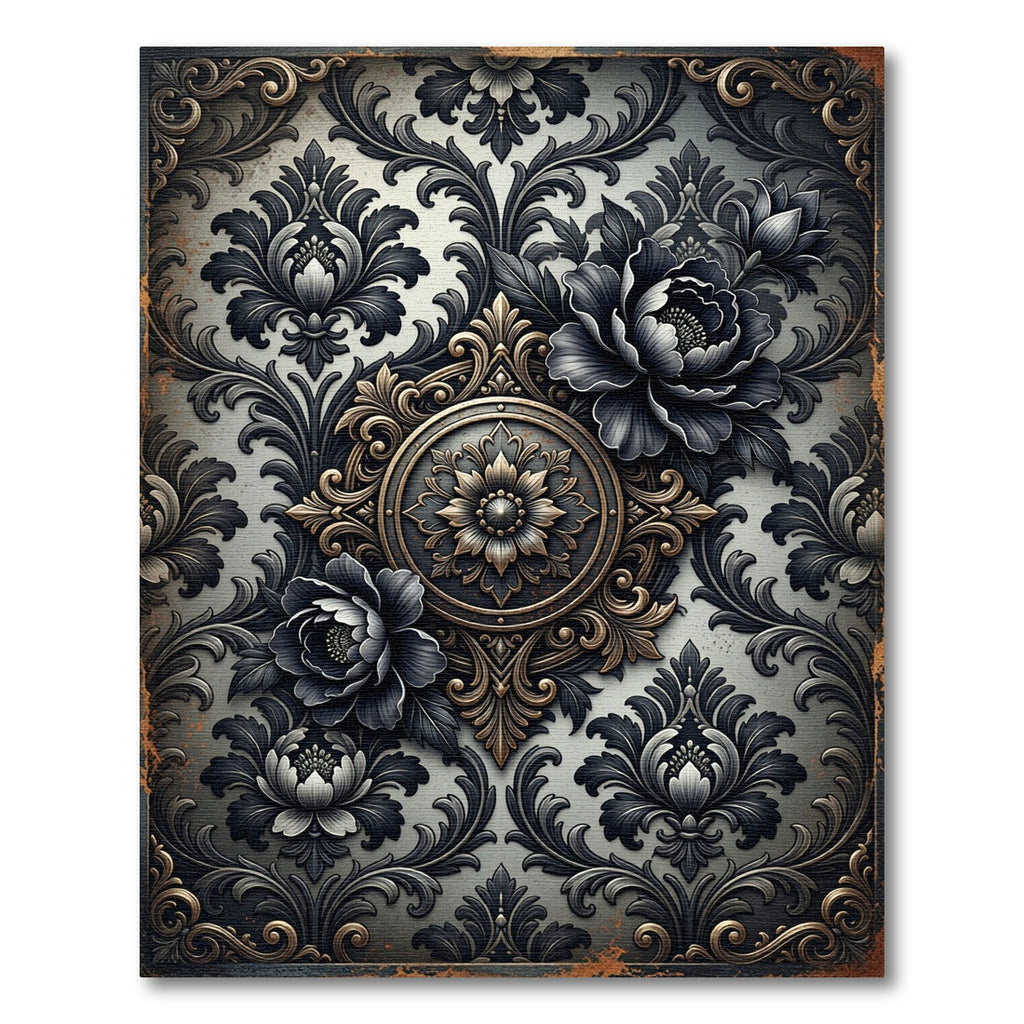 Gothic Black Floral Damask Medallion Rug