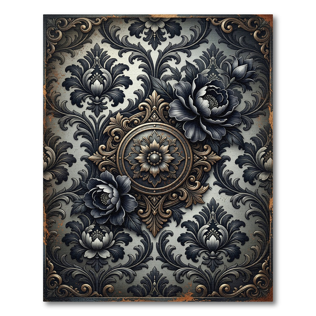 Gothic Black Floral Damask Medallion Rug