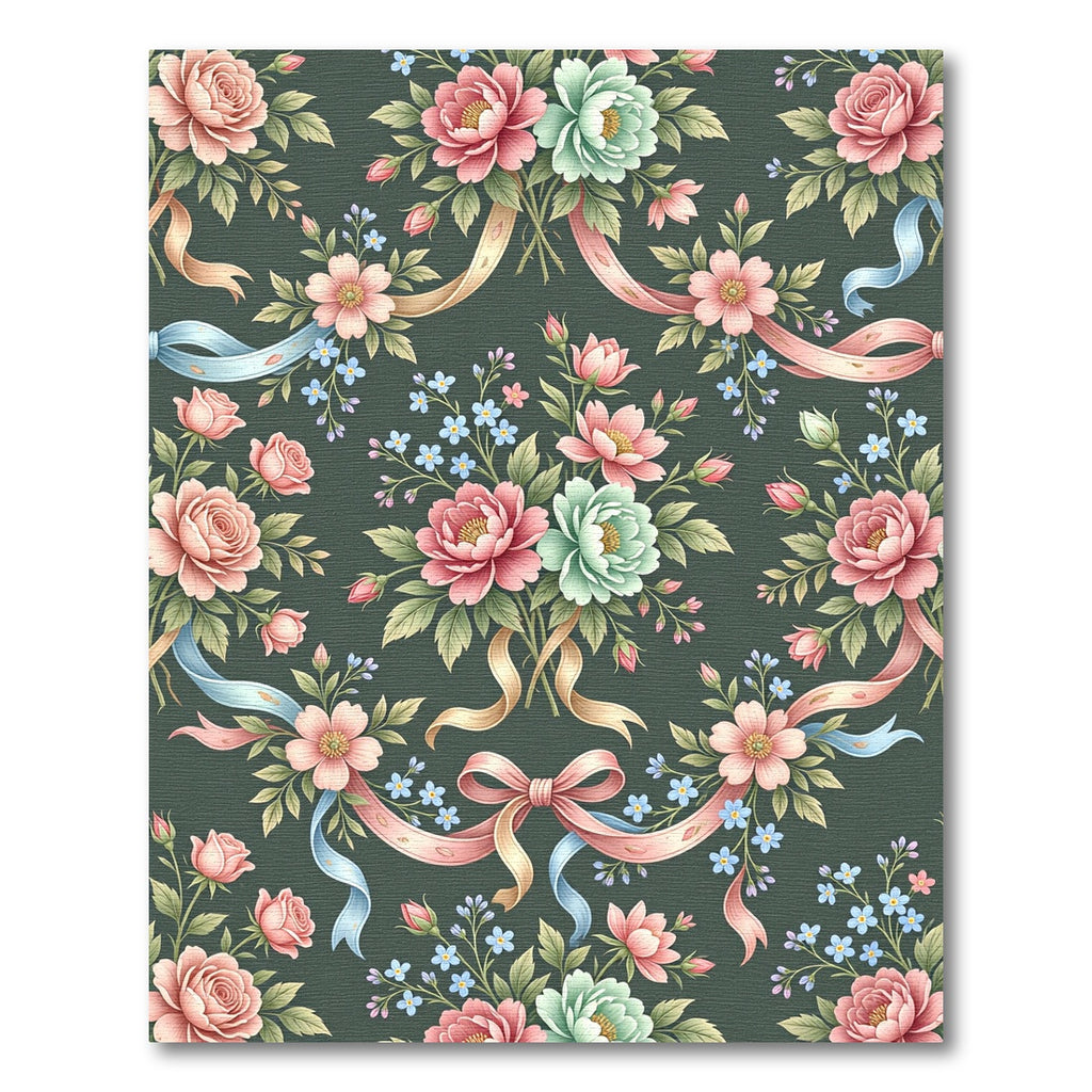 Vintage Romantic Floral Ribbon Dark Green Rug