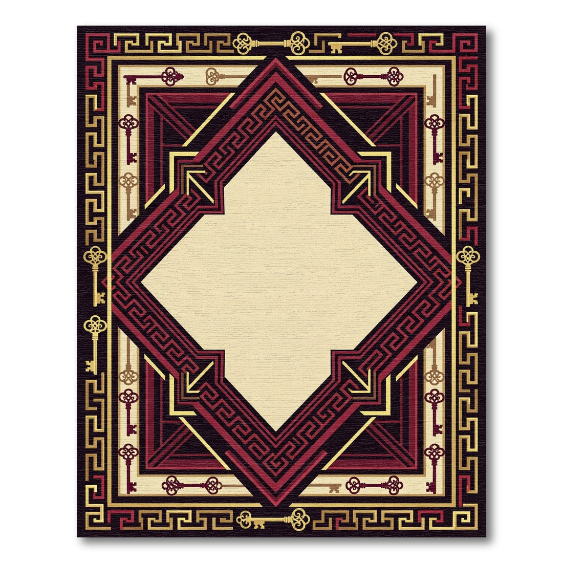 Crimson Gold Geometric Keys Medallion Rug