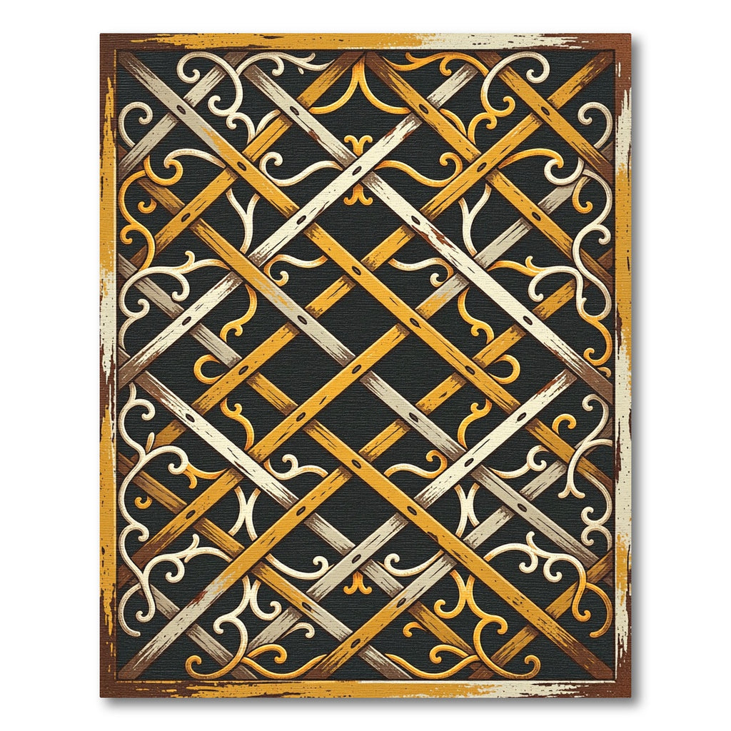 Golden Lattice Scroll Interwoven Grid Rug