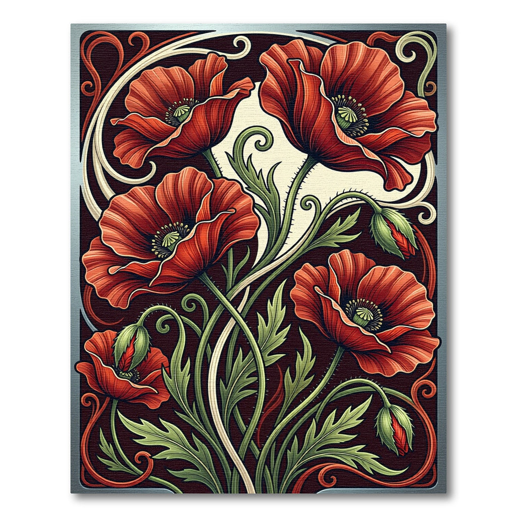 Art Nouveau Red Poppy Floral Scroll Rug