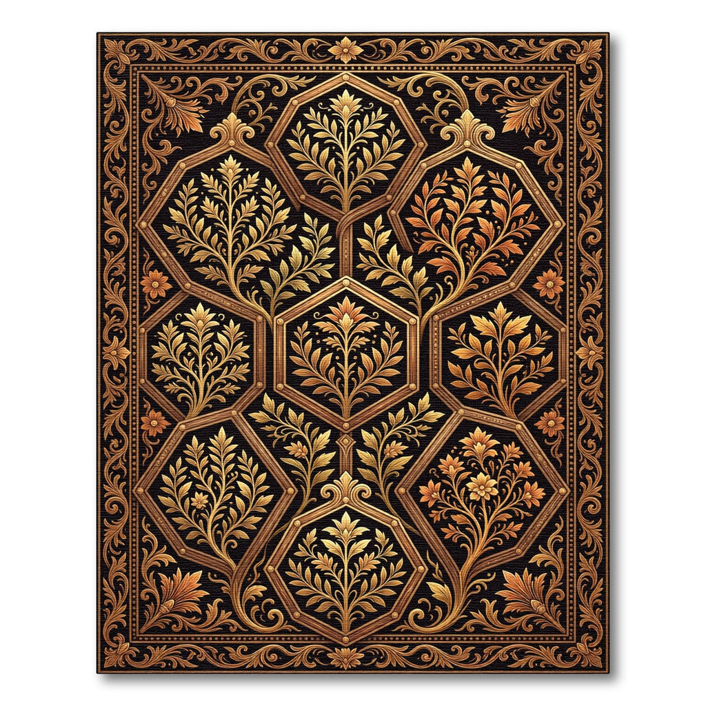 Ornate Black and Gold Hexagonal Floral Rug