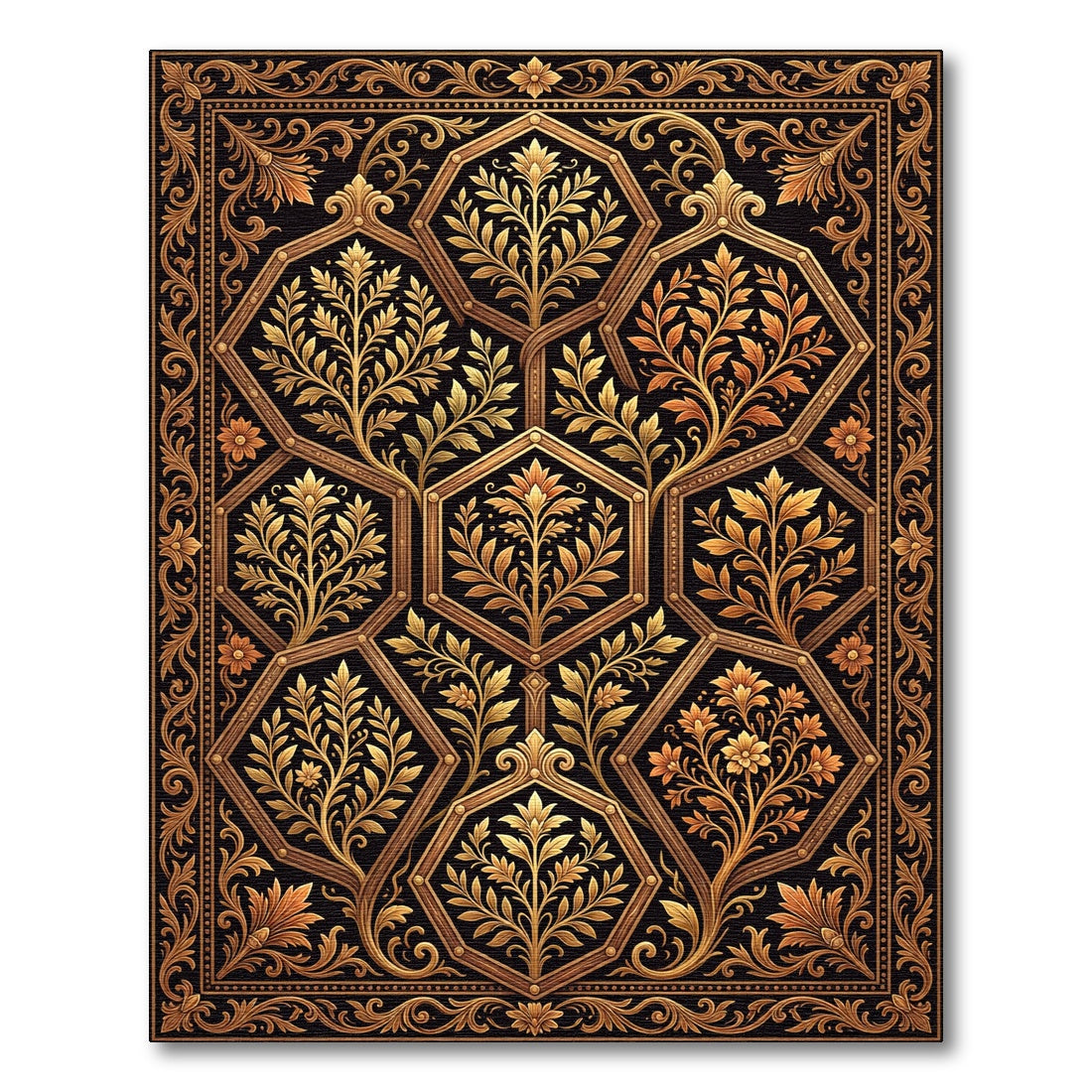 Ornate Black and Gold Hexagonal Floral Rug