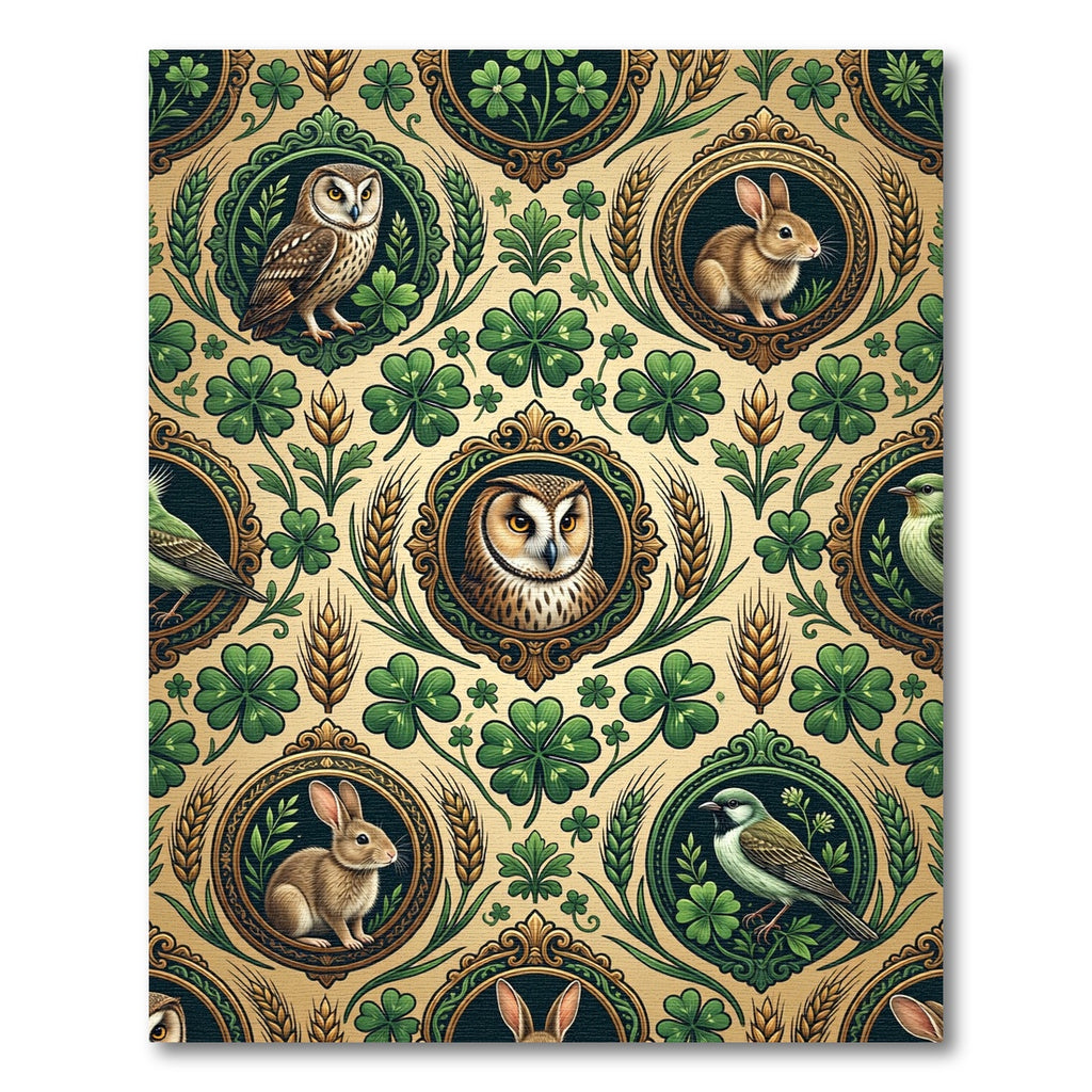 Whimsical Emerald Clover Owl Rabbit Tapestry Rug