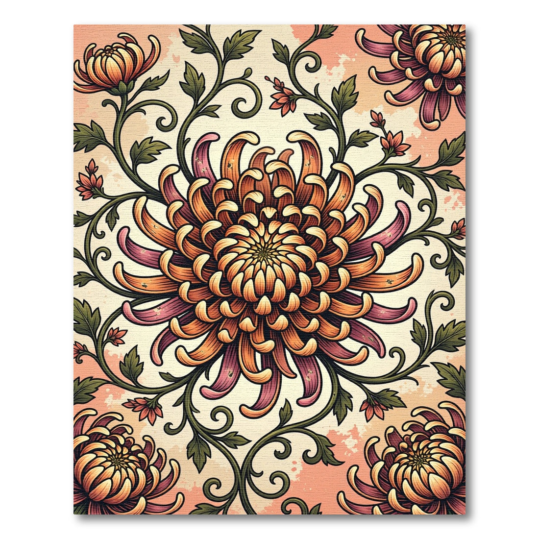 Vintage Autumnal Chrysanthemum Floral Botanical Rug