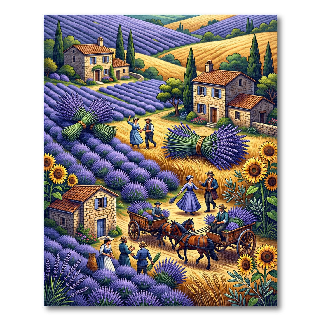 Provencal Lavender Fields and Farmhouse Scene Rug