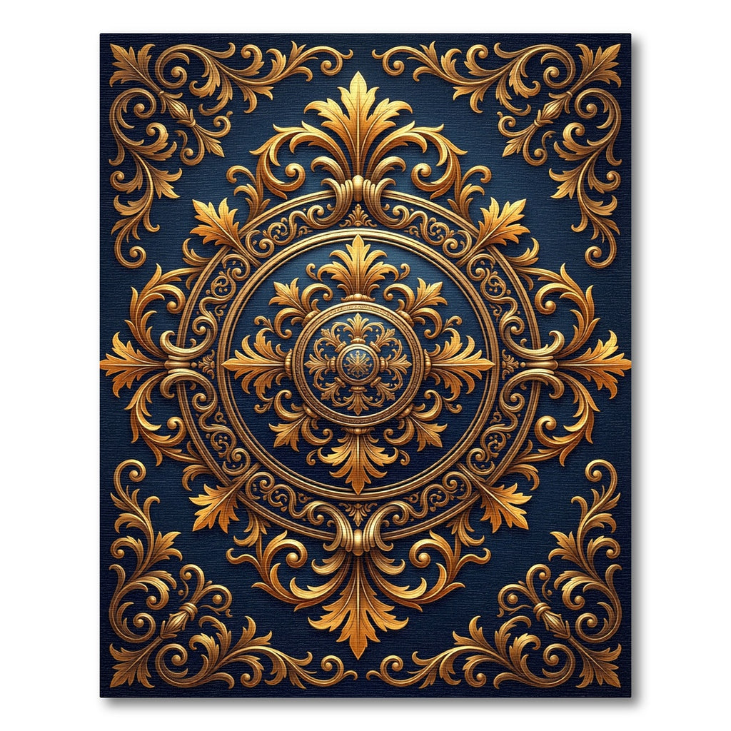 Midnight Navy Golden Baroque Medallion Rug