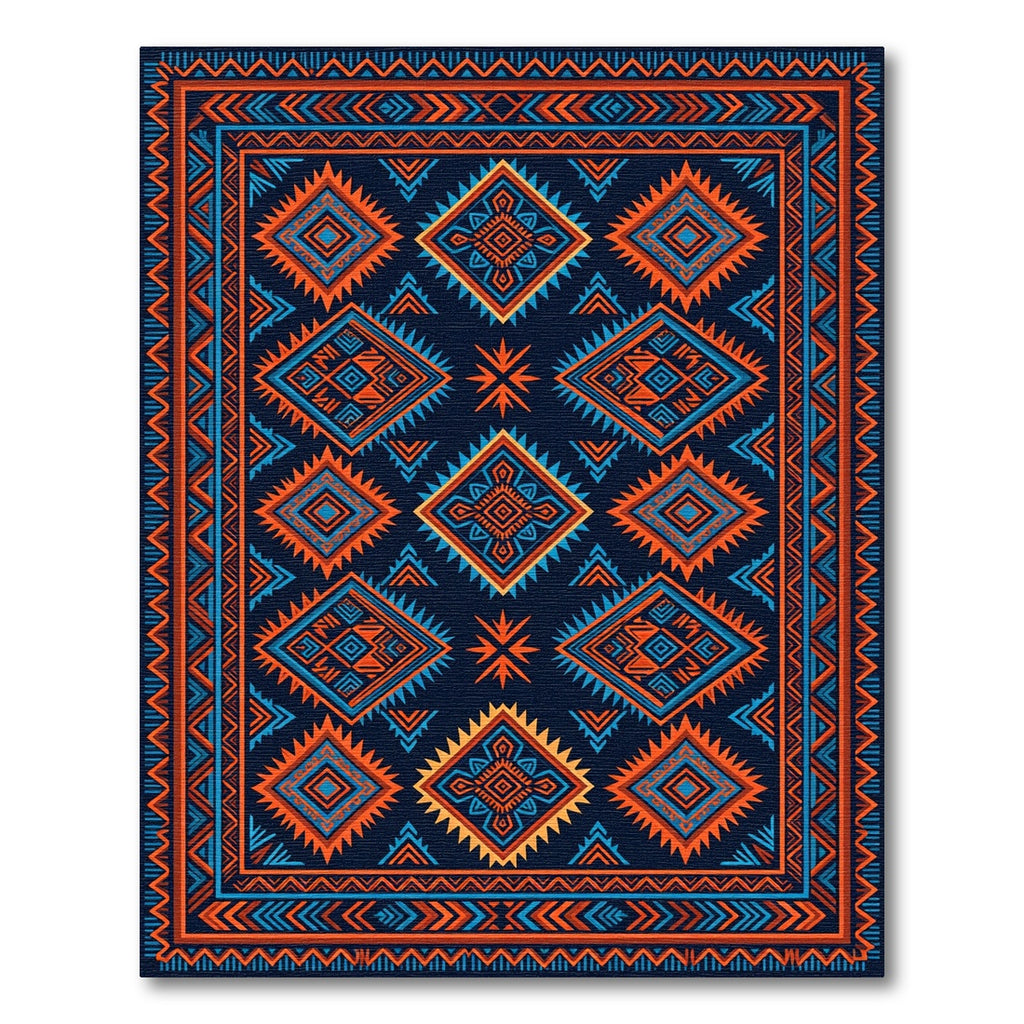 Vibrant Electric Blue Orange Geo Diamond Rug
