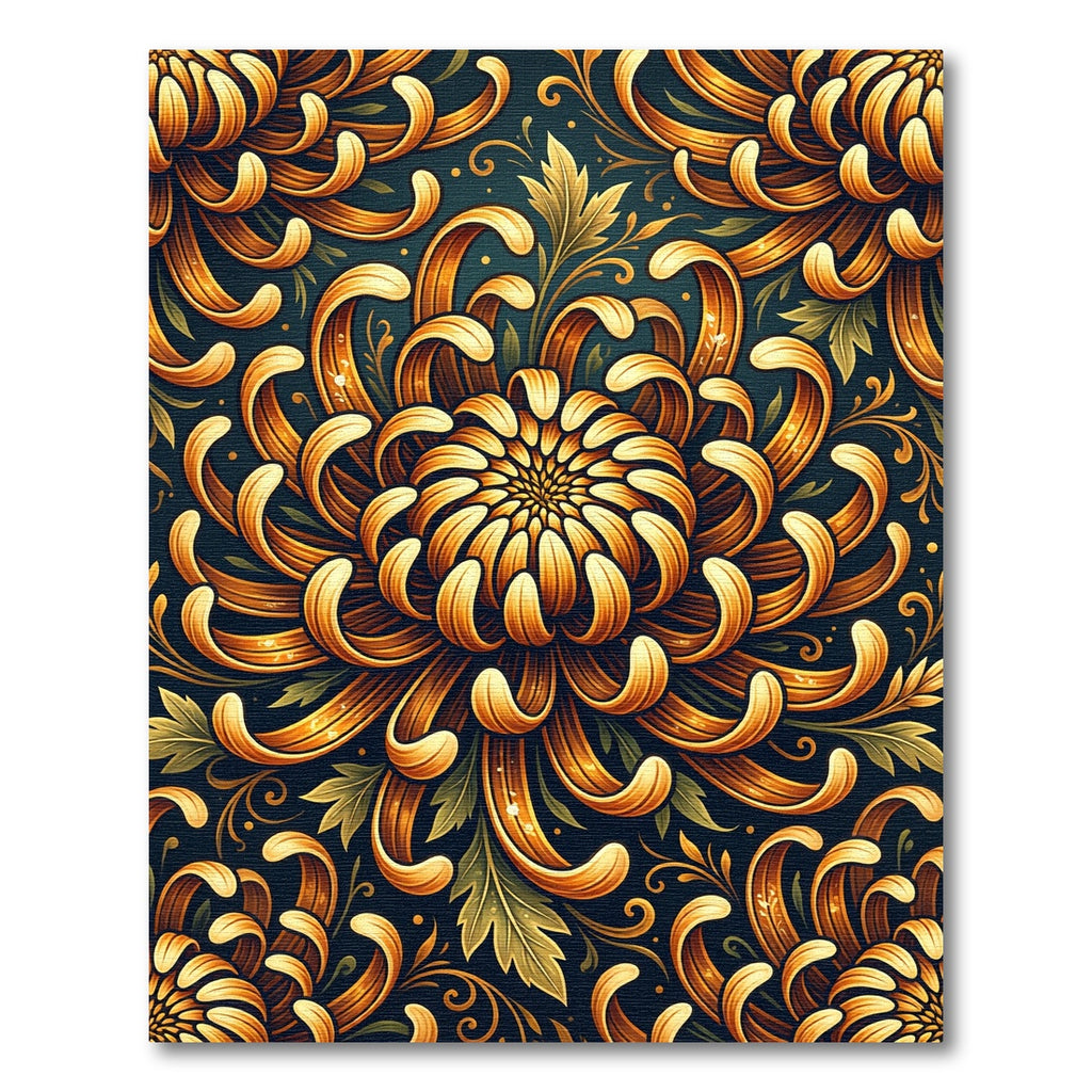 Golden Blooming Chrysanthemum Dark Floral Rug