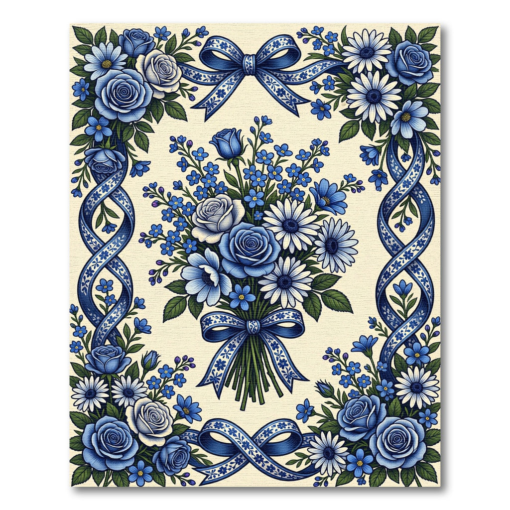 Elegant Blue Floral Ribbon Bouquet Rug