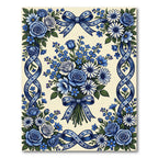 Elegant Blue Floral Ribbon Bouquet Rug