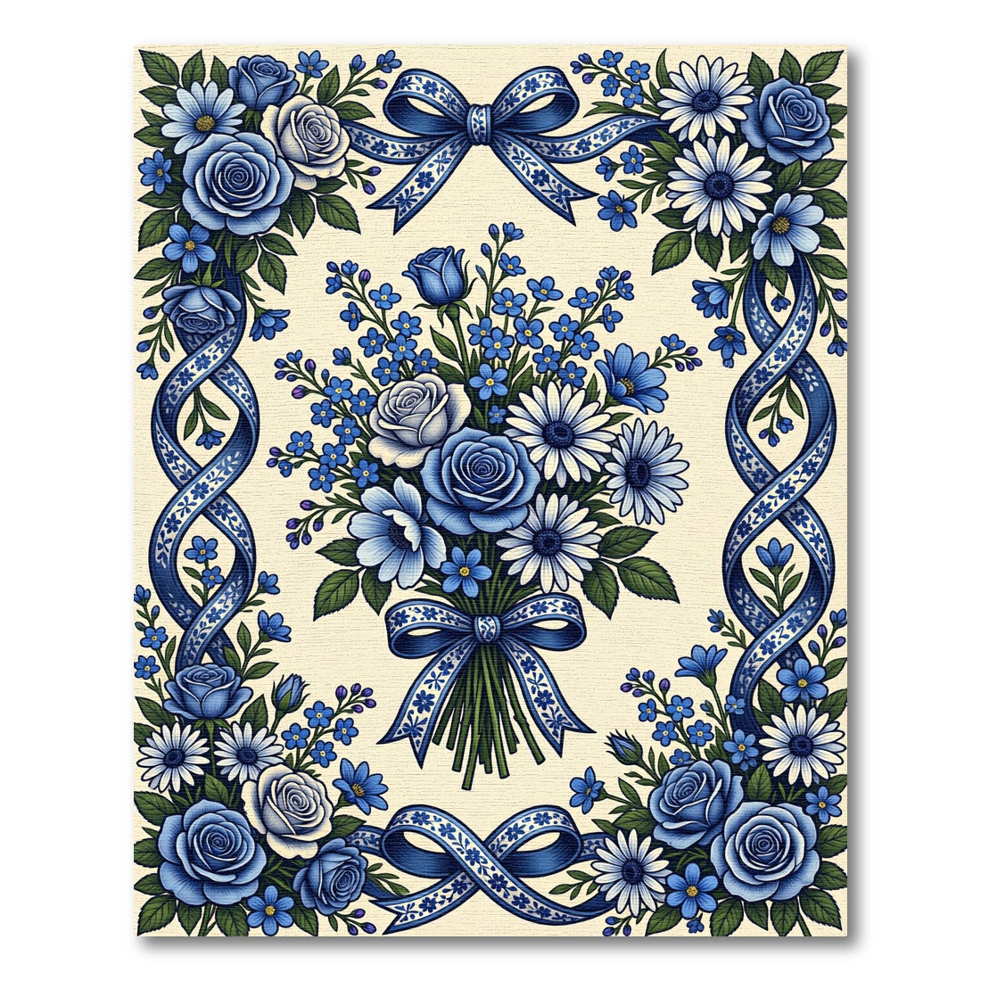 Elegant Blue Floral Ribbon Bouquet Rug
