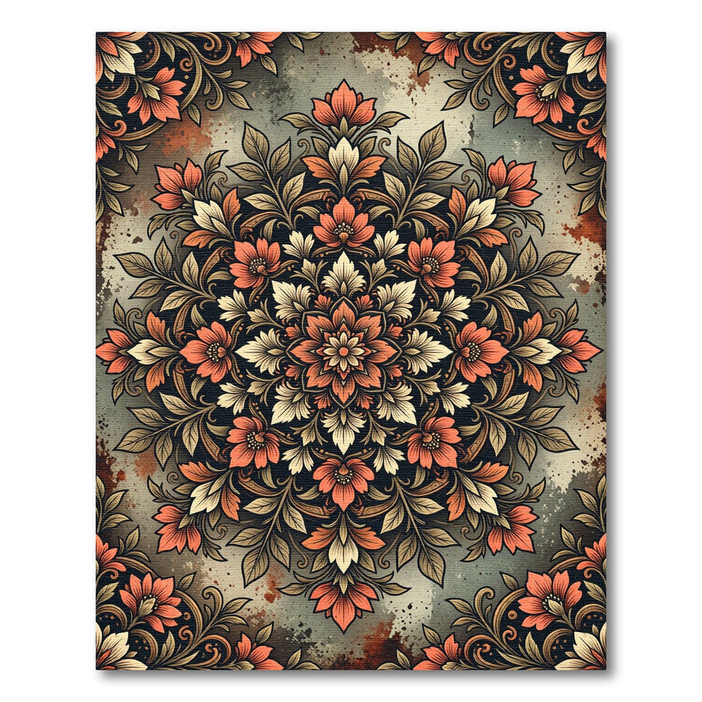 Earthy Orange Floral Mandala Medallion Rug