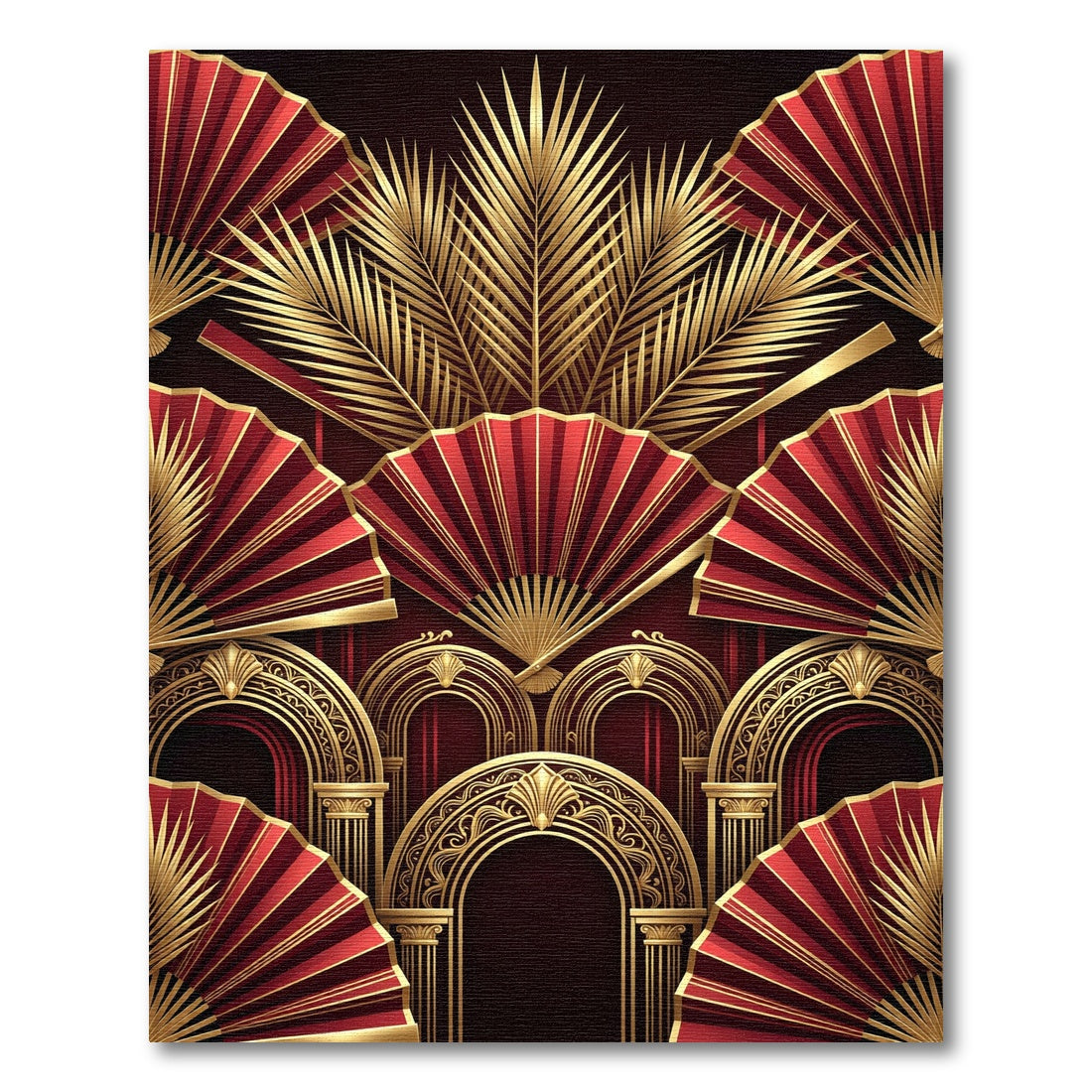 Golden Fan Art Deco Crimson Rug