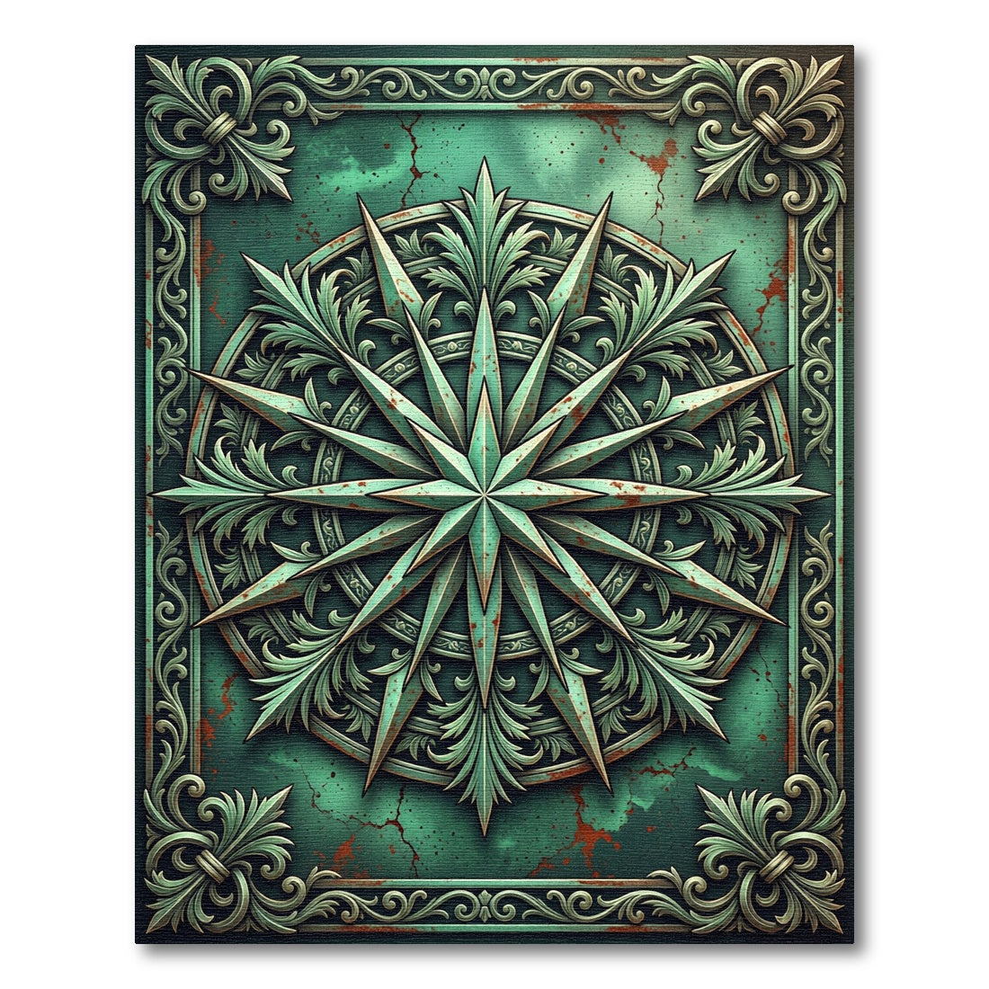 Patinated Teal Compass Star Ornament Rug