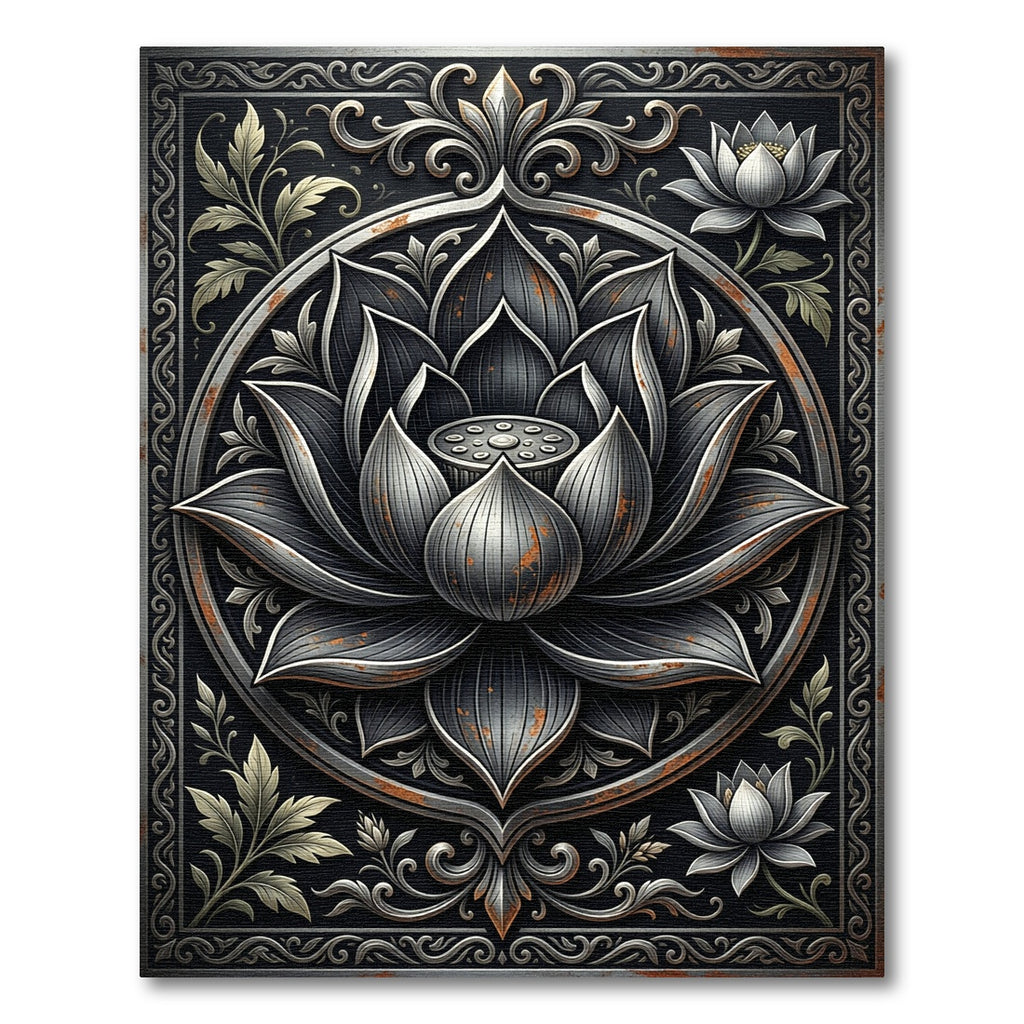 Metallic Silver Lotus Mandala Floral Art Rug