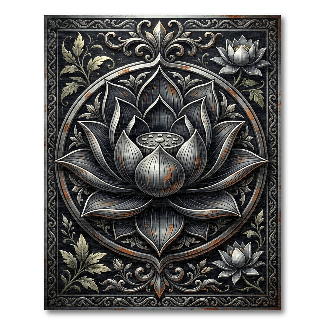 Metallic Silver Lotus Mandala Floral Art Rug