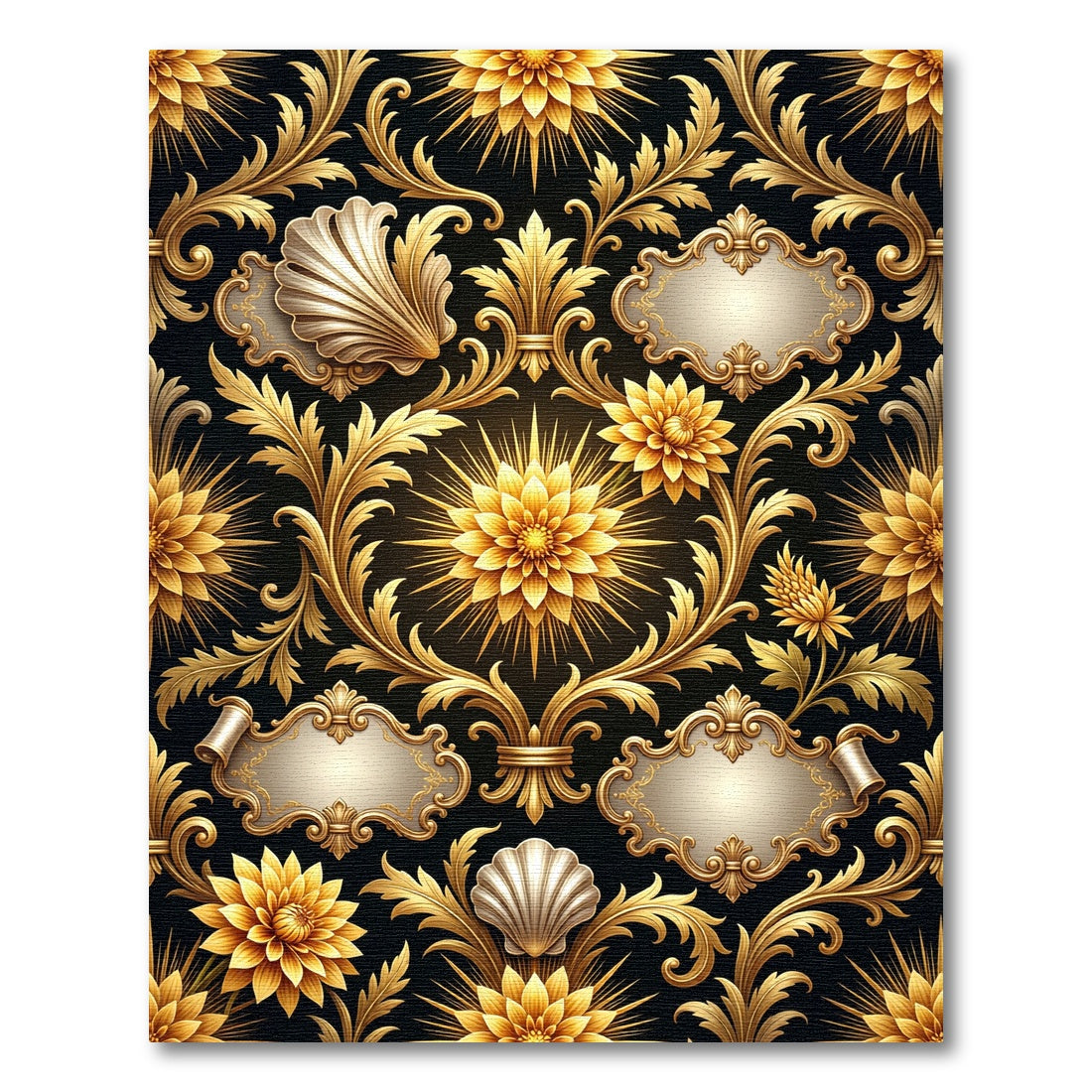 Gilded Baroque Floral Scroll Black Rug