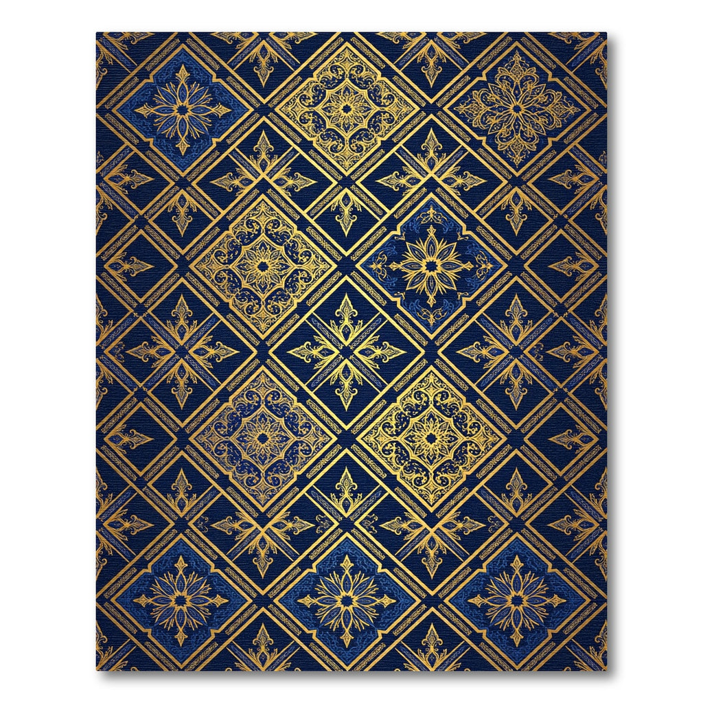 Opulent Gold Navy Damask Geometric Rug