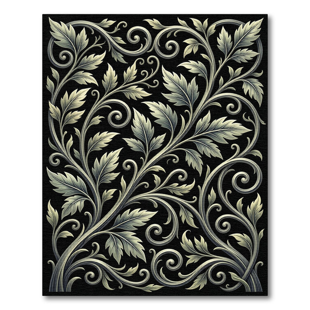 Ornate Cream Scroll Leaf Black Rug