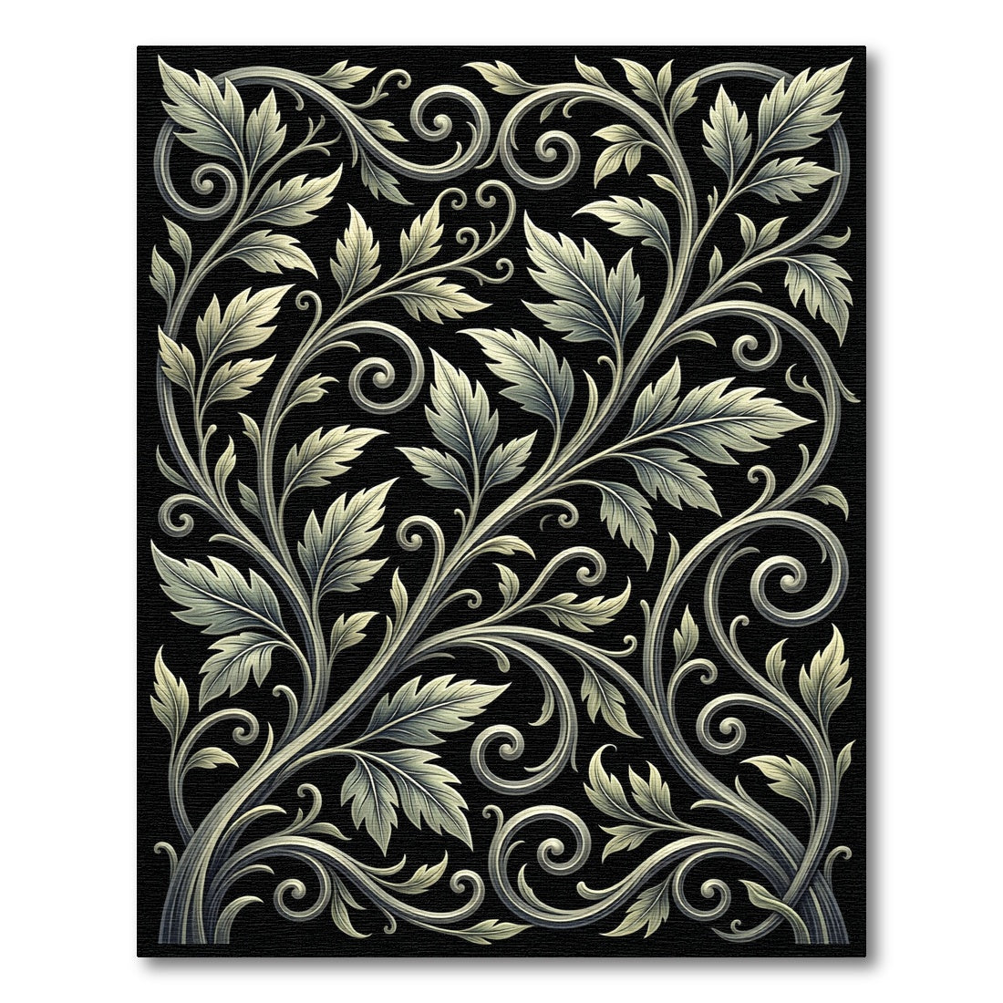 Ornate Cream Scroll Leaf Black Rug