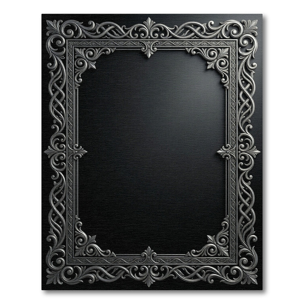 Ornate Silver Scrollwork Frame Rug