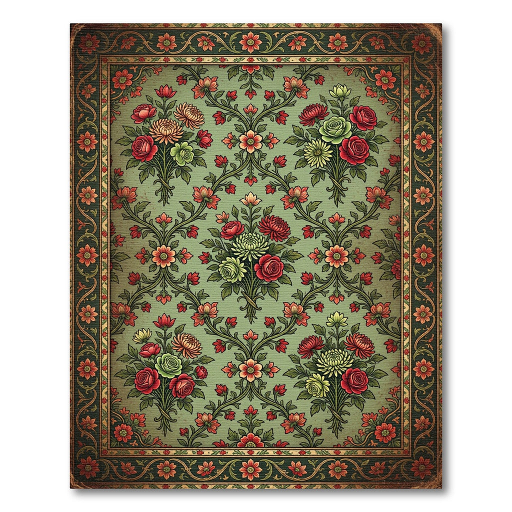 Vintage Sage Green Victorian Floral Bouquet Rug