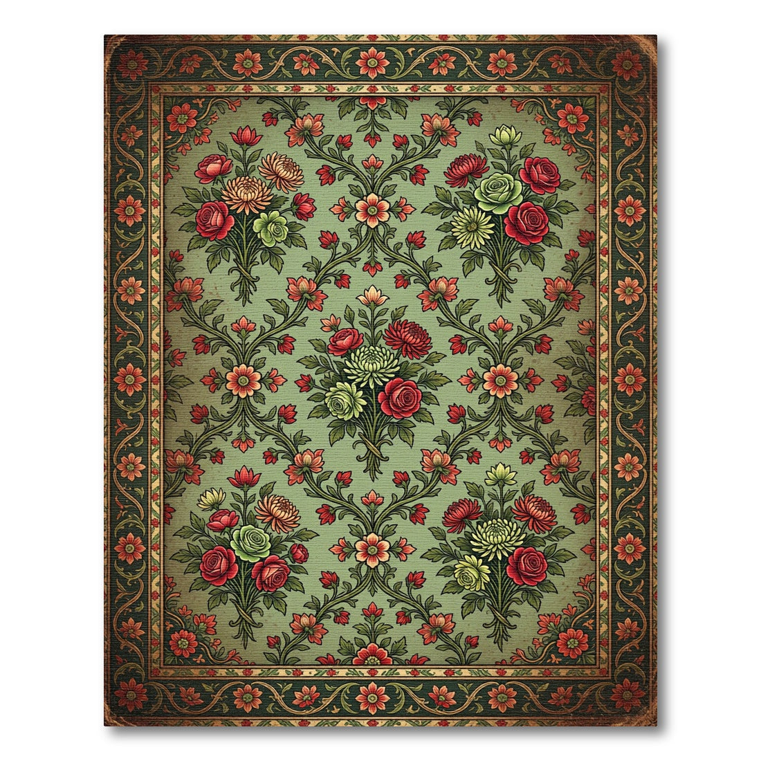 Vintage Sage Green Victorian Floral Bouquet Rug