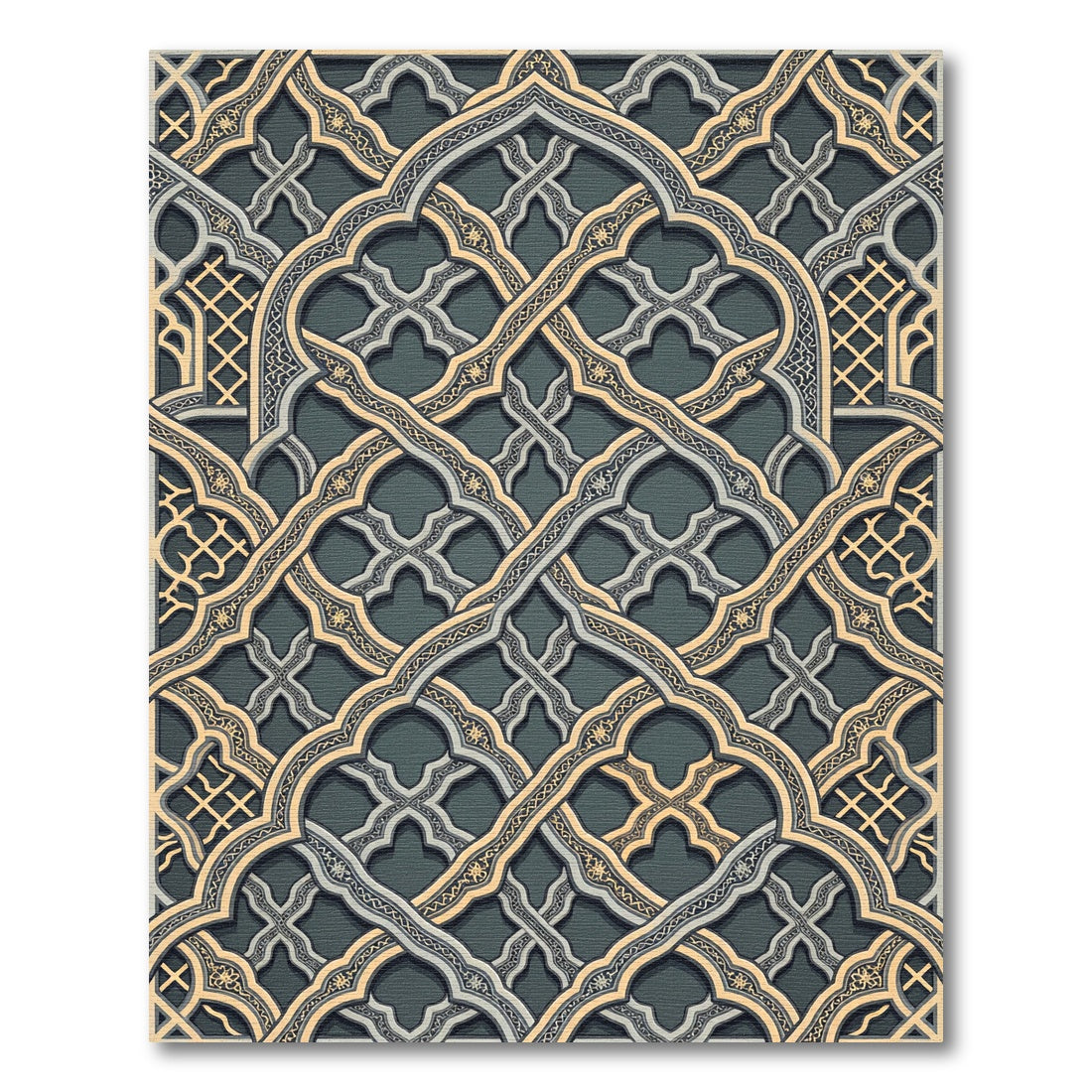 Intricate Golden Arched Lattice Gray Rug