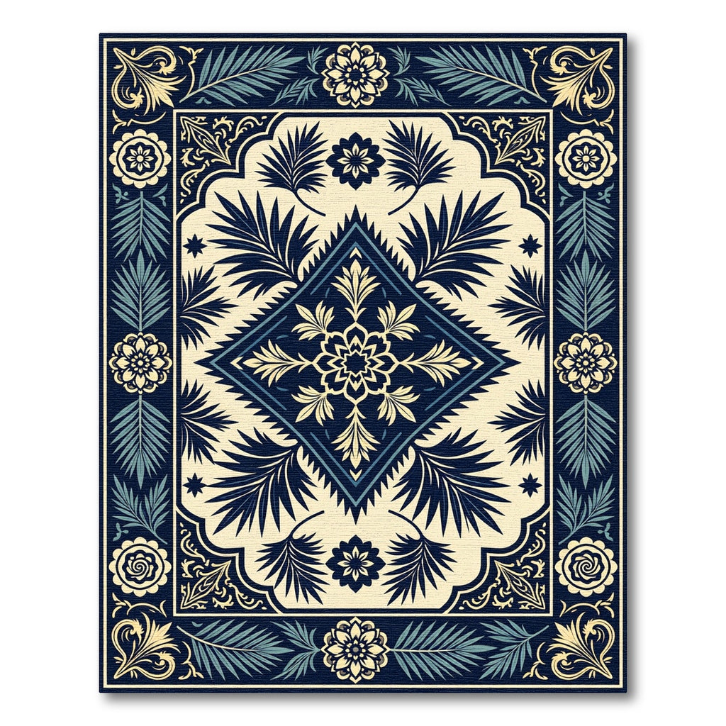 Dark Blue Cream Floral Laurel Border Rug