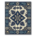 Dark Blue Cream Floral Laurel Border Rug