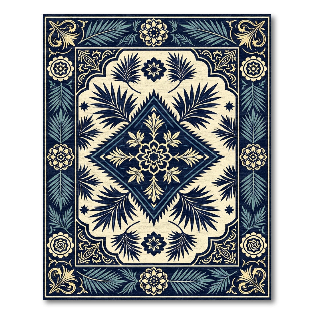 Dark Blue Cream Floral Laurel Border Rug
