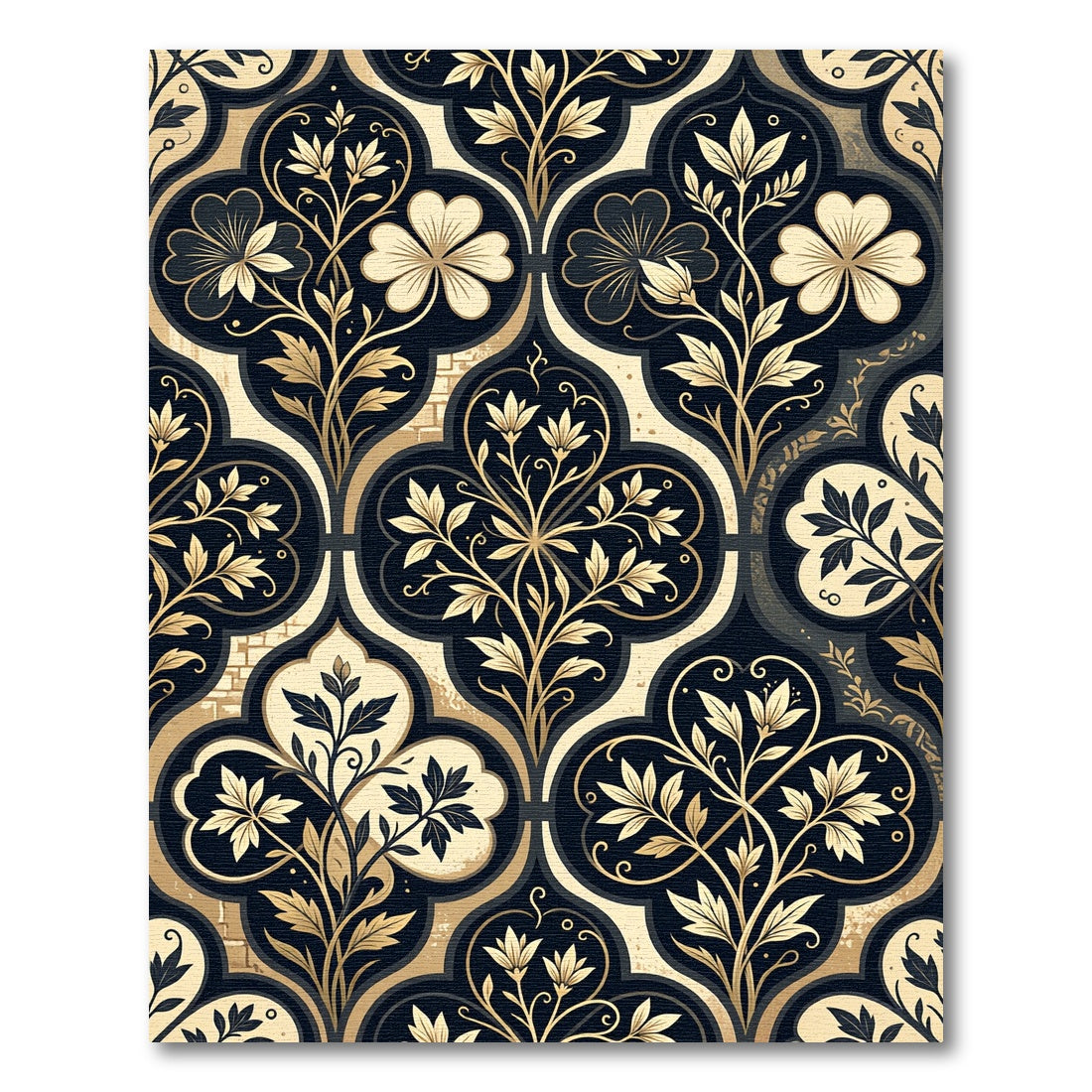 Elegant Black and Gold Damask Foliage Rug